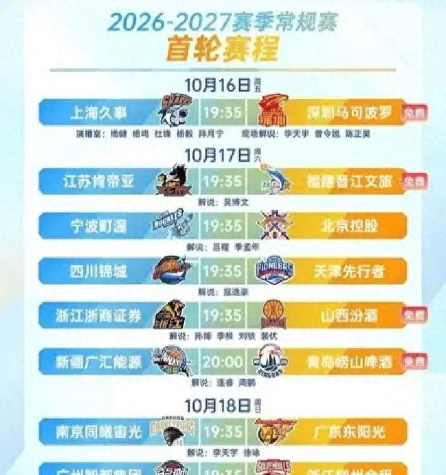 CBA今日开启揭幕战，第一轮10场比赛有4场需付费观看
