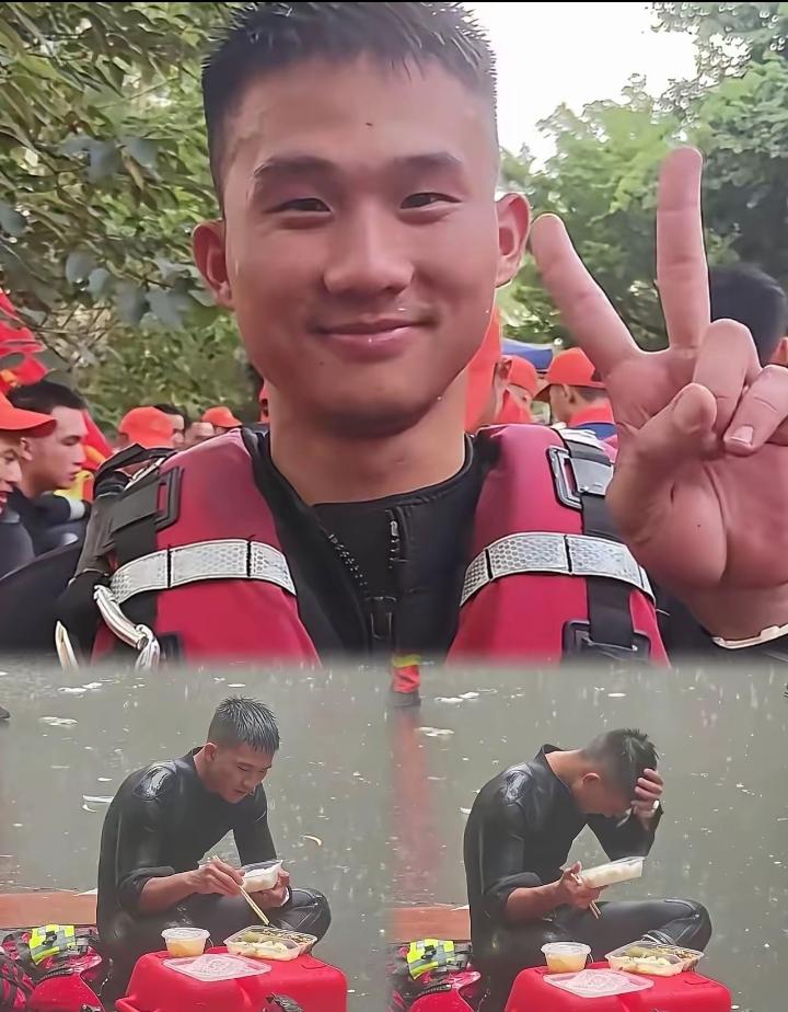 火遍全网、雨中就餐的消防员正面照片来
了，他名叫梁焕，今年26岁，入职消防队伍已