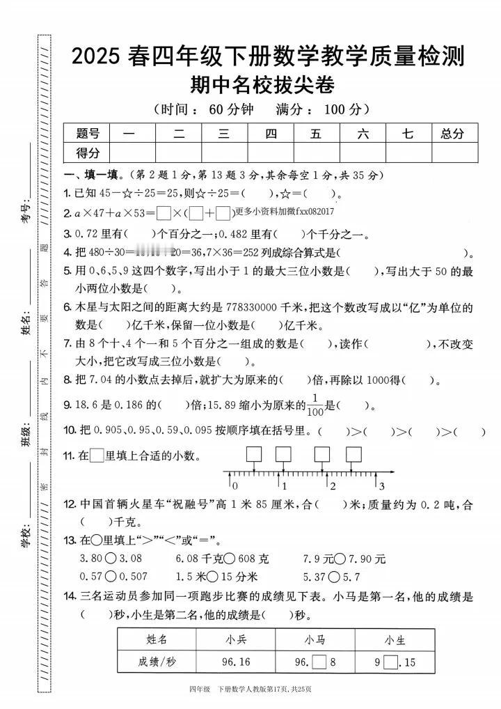 2025年春四年级下册数学期中检测名校拔尖卷（人教版）