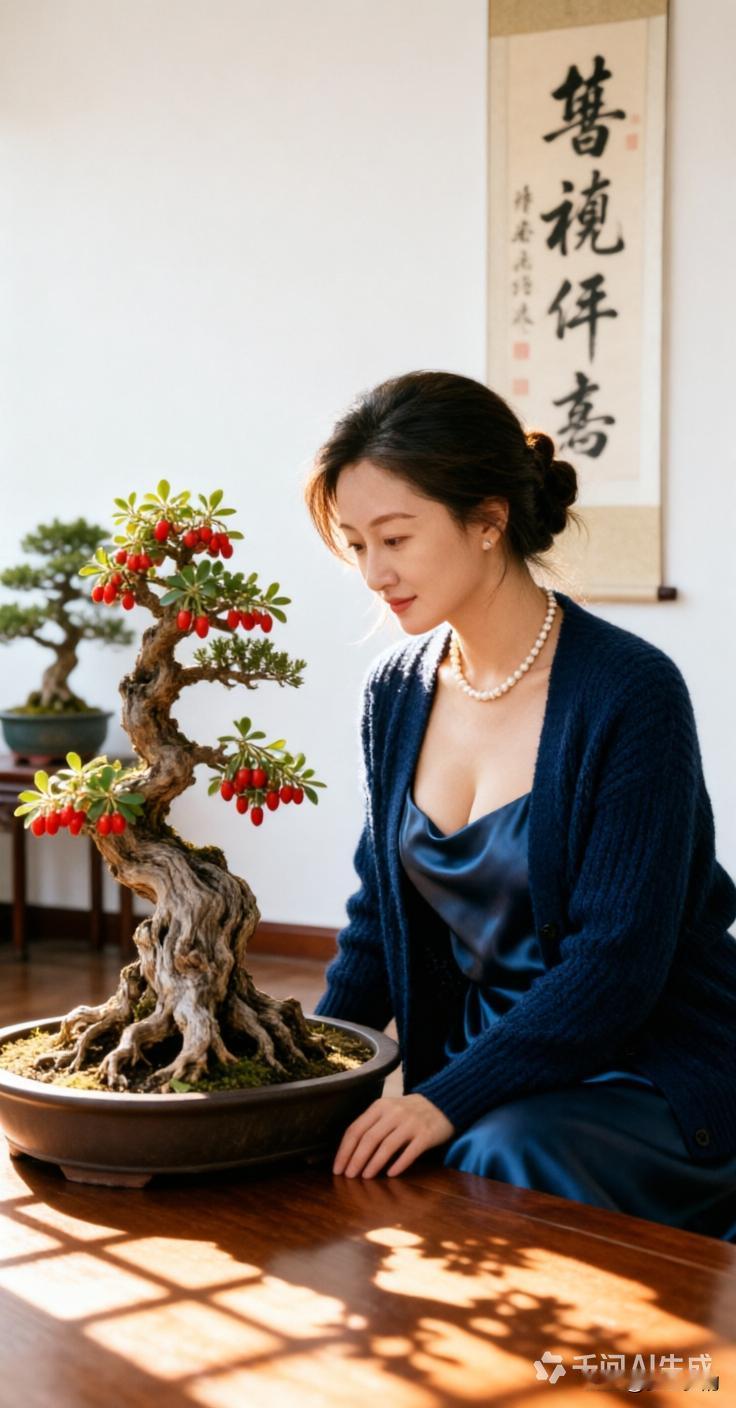 她静立在案前，目光柔和地落在那盆苍劲古朴的盆景上，仿佛与这方寸天地之间，正进行着
