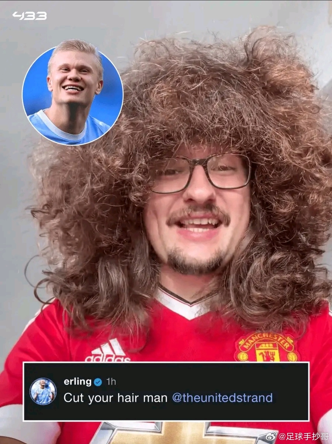 曼联五连胜遥遥无期！哈兰德花式调侃坚守两年的蓄发哥近期，曼城王牌哈兰德在社交媒体