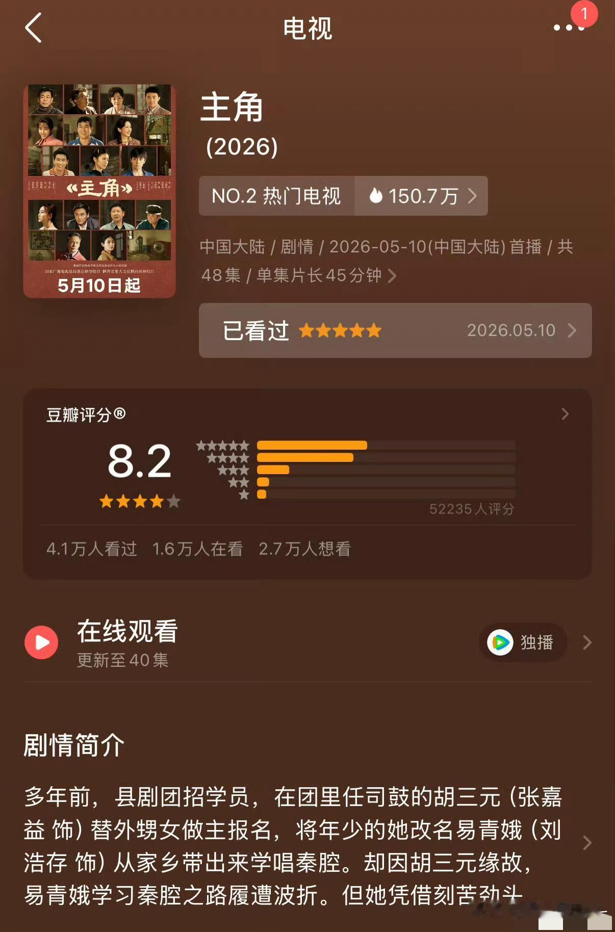 刘浩存、张嘉益主演的《主角》正式开分，一举拿下8.2的高分，超5.2万网友参与评