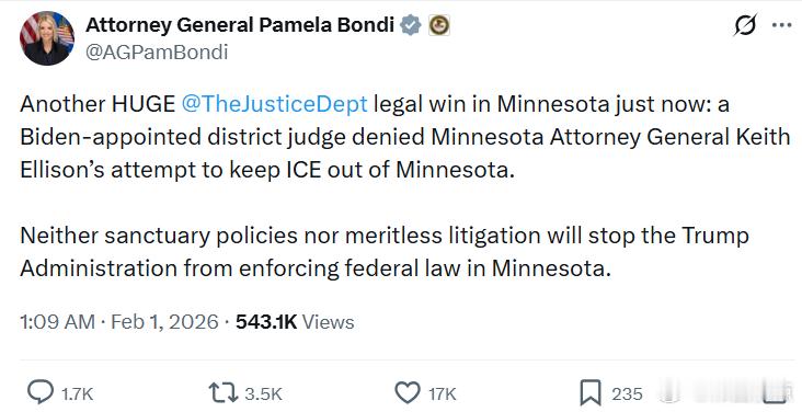 美国司法部长帕姆·邦迪：又一项在明尼苏达州取得的重大司法部胜利。一名由拜灯任命的