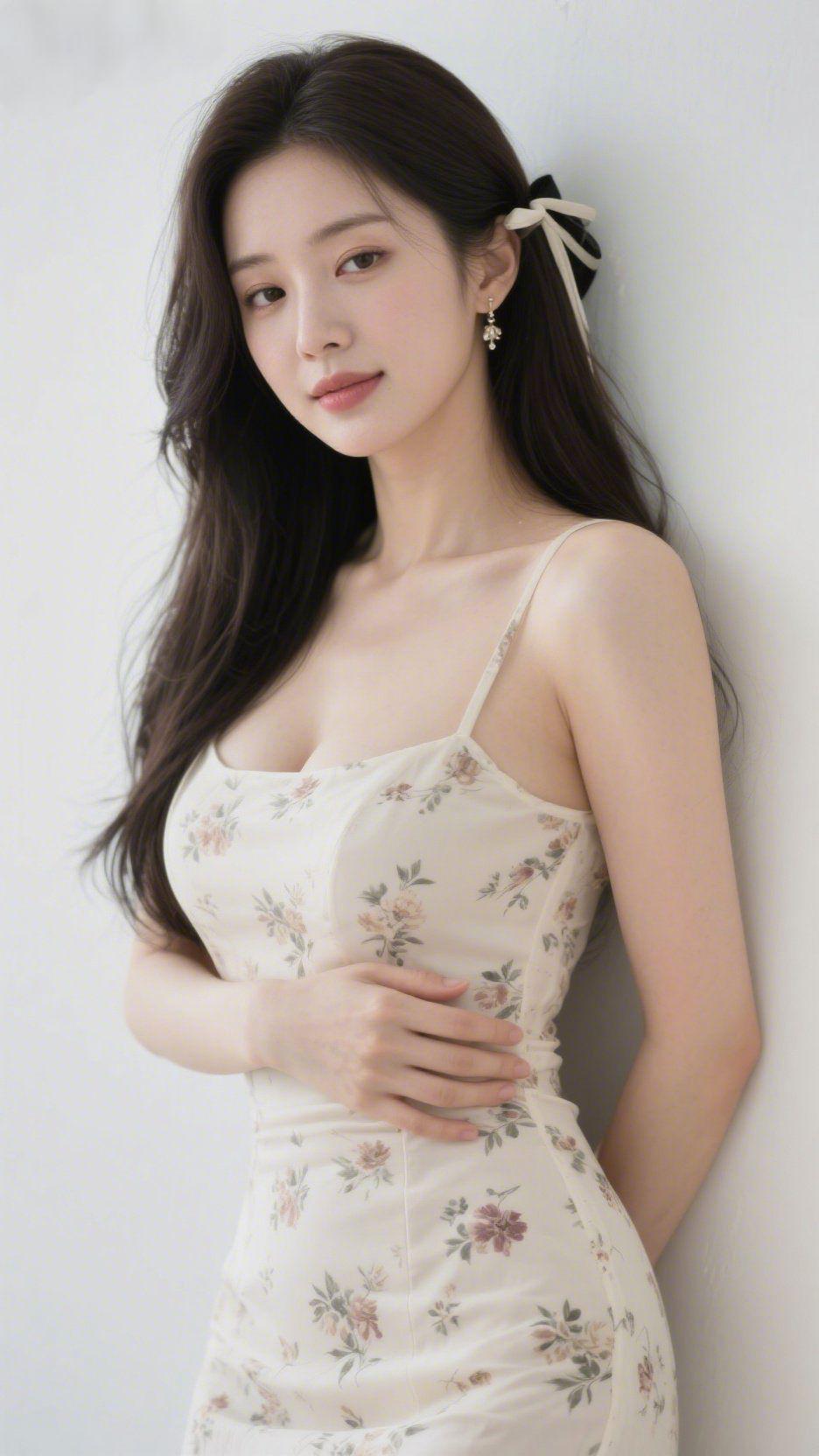 温柔入眉眼
 
浅杏色碎花裙裹着一身清软，像春日里揉碎的晚风，落在纯白的墙前。发