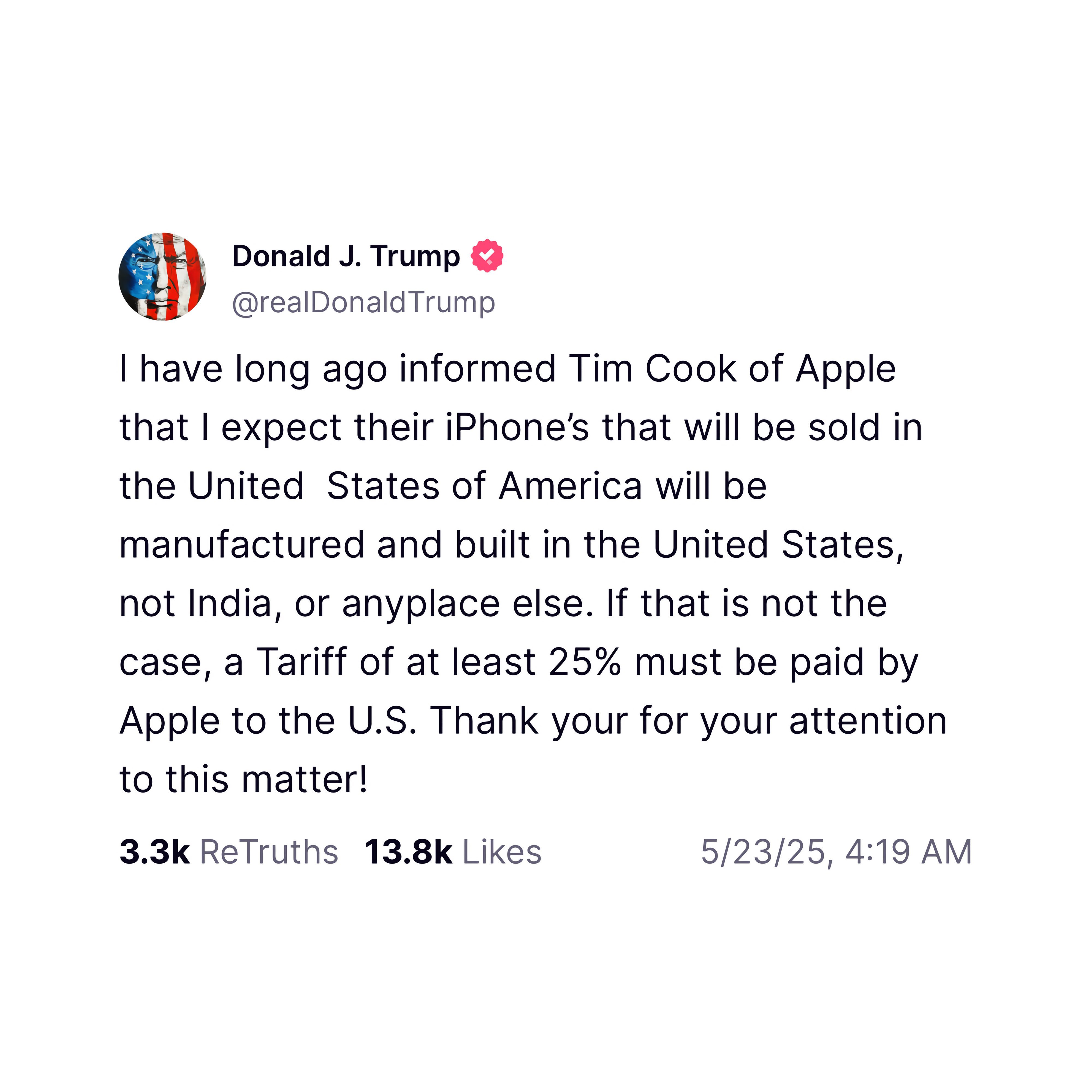 特朗普：我早就警告过库克，我希望在美国销售的 iPhone 是在美国制造和组装的