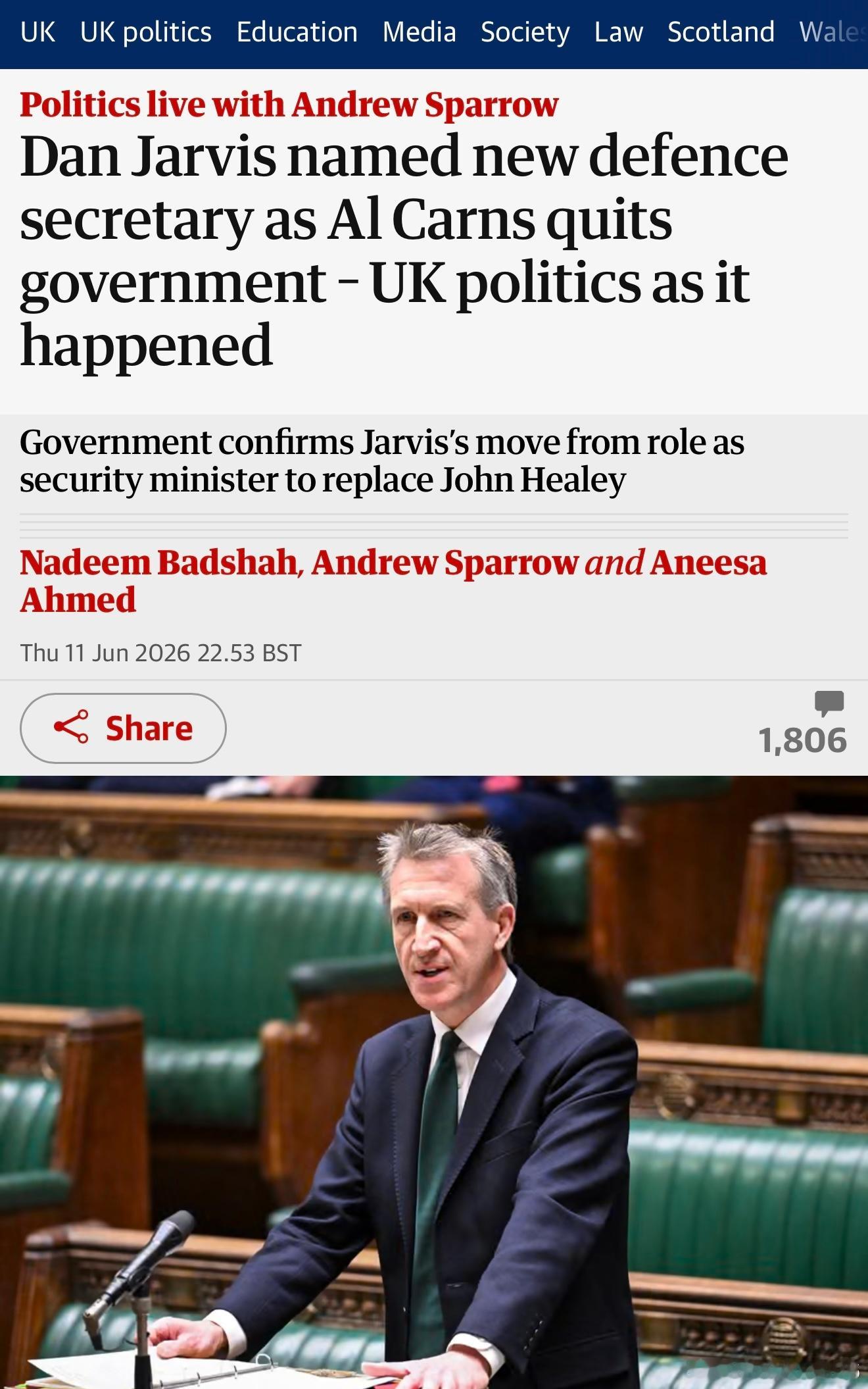 Dan Jarvis被任命為英國新任國防大臣。他接替John Healey，後者