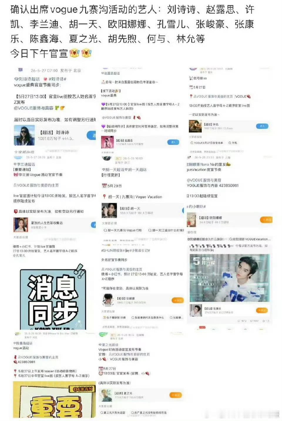 目前确认出息VOGUE九寨沟活动的阵容85花：刘诗诗95花：赵露思 李兰迪 孔雪