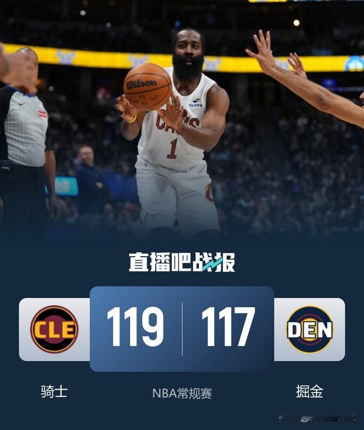 哈登关键三分扳平，米切尔罚球绝杀，骑士逆转掘金！
骑士客场119比117惊险逆转