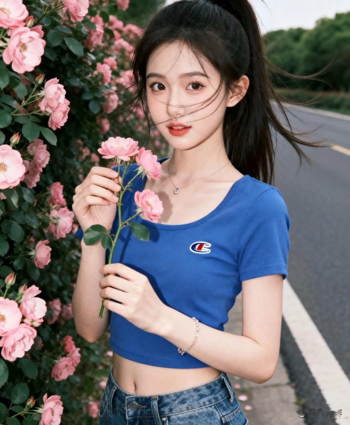 一个女孩在花丛中拿着玫瑰微笑。大家觉得她的长相算是清雅脱俗吗？