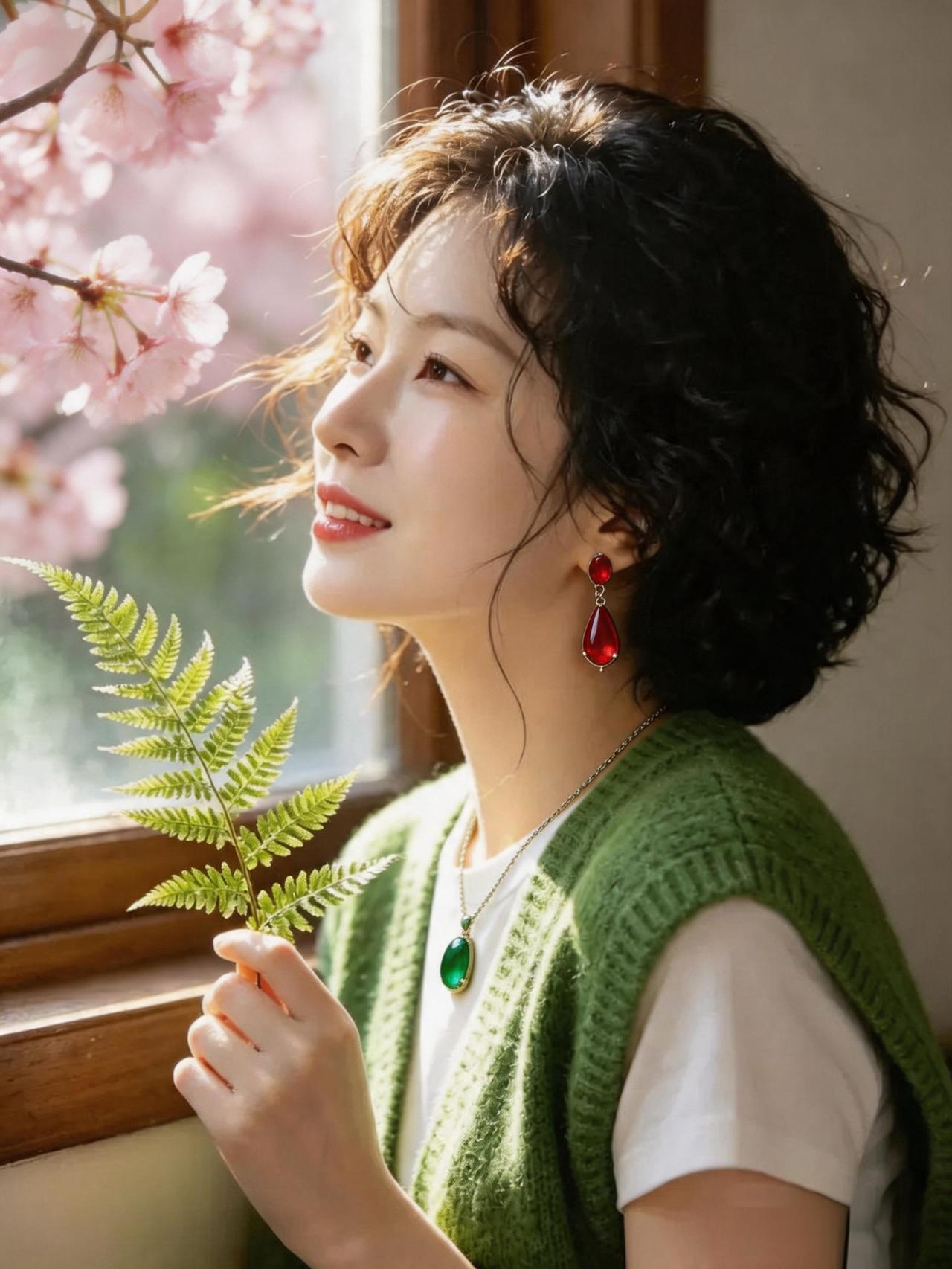 窗边少女与春日花影，温柔时光的美好瞬间。