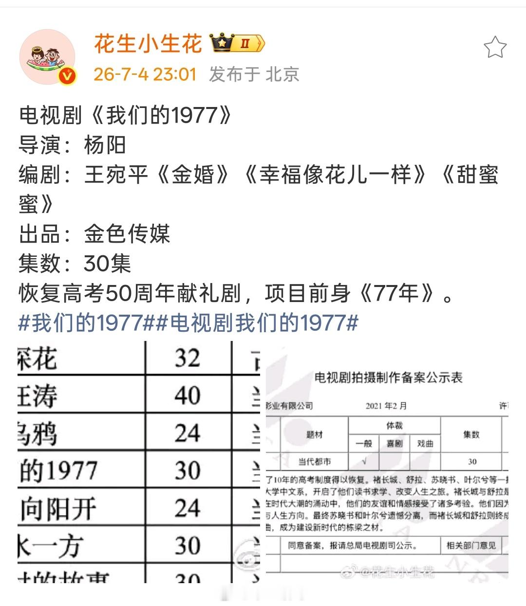 电视剧《我们的1977》导演：杨阳编剧：王宛平《金婚》《幸福像花儿一样》《甜蜜蜜
