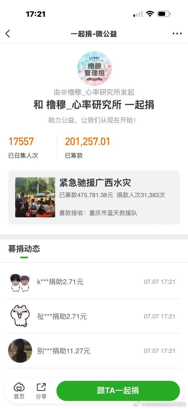 橹穆CP粉在微公益自发为广西洪灾驰援计划捐款，一小时筹款人次破万，筹款总额已超过