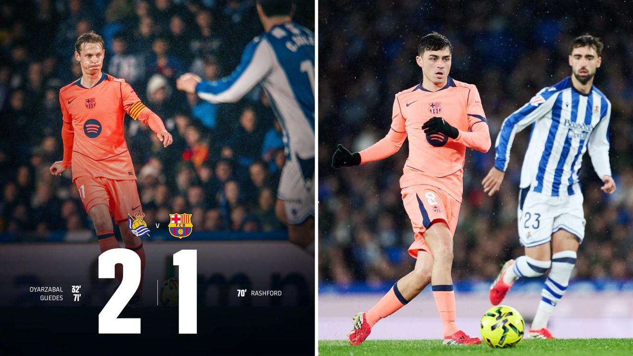 西甲：巴萨客场1-2负于皇家社会，9连胜遭终结，领先优势剩1分。
奥亚萨瓦尔率先