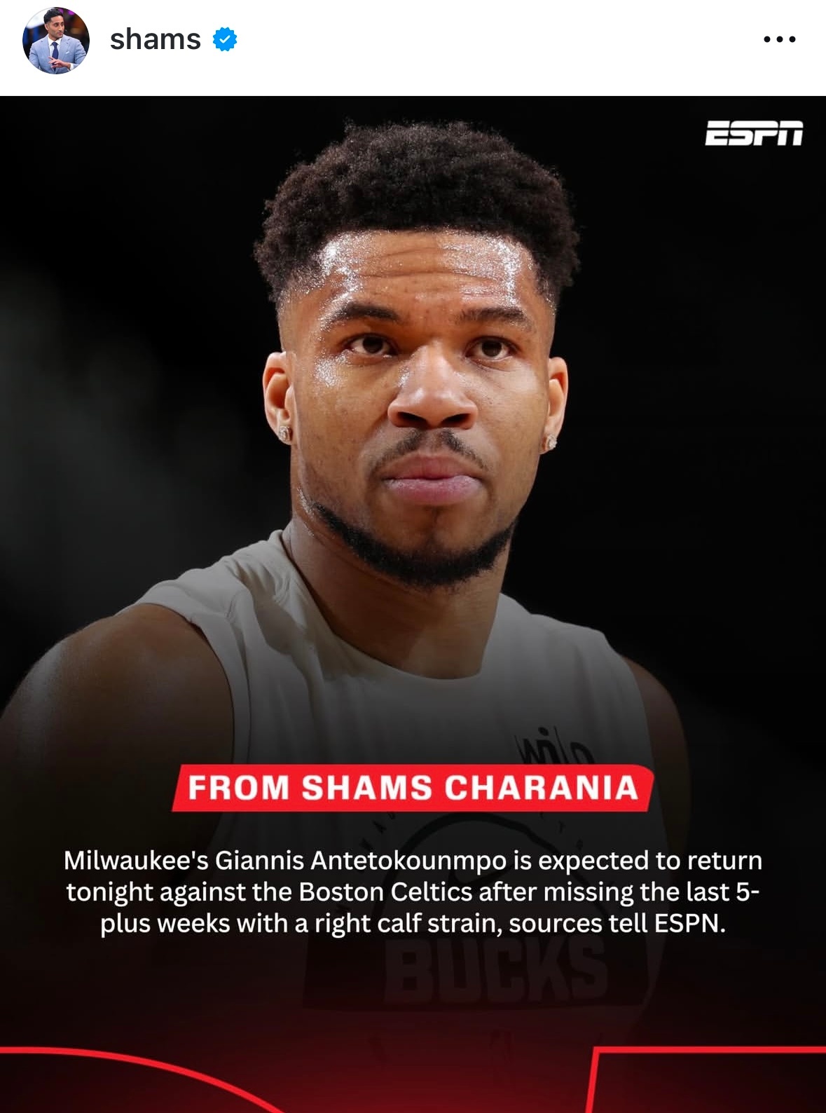 Shams：字母哥今日复出对阵凯尔特人。特雷杨周五在主场对阵爵士的比赛中迎来奇才