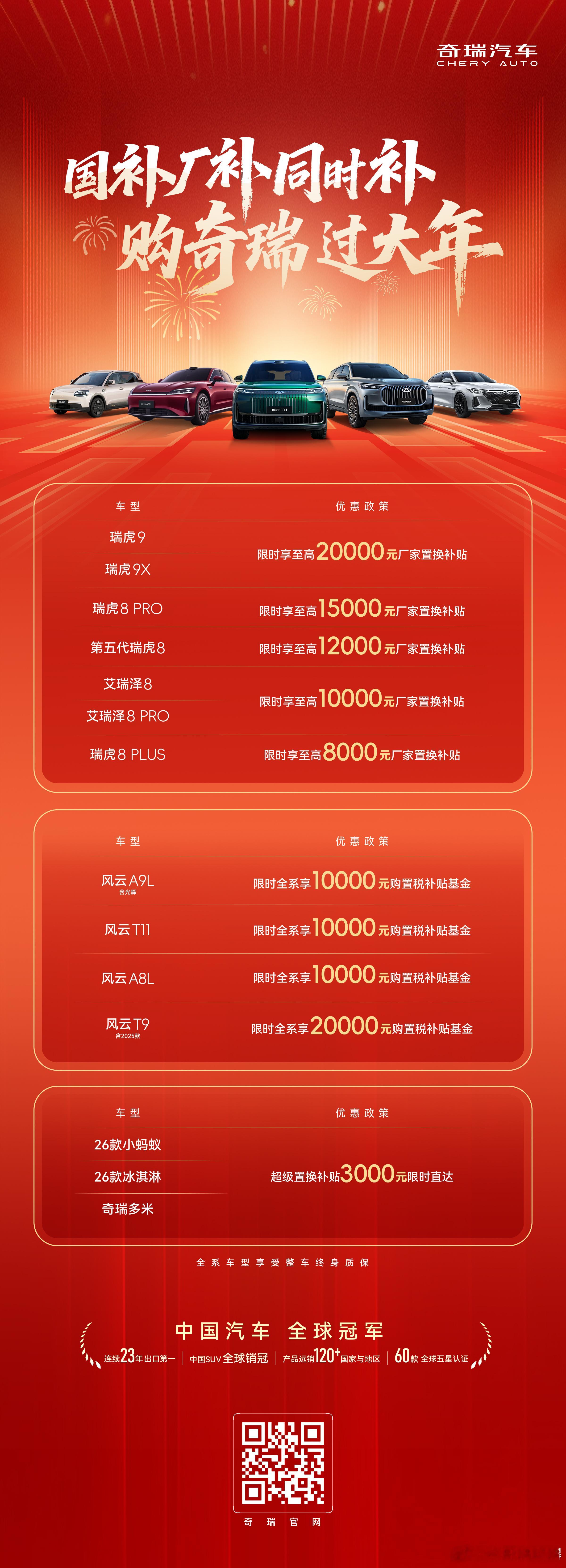 购奇瑞过大年国补厂补一起补至高20000元置换补贴全系车型享整车终身质保 