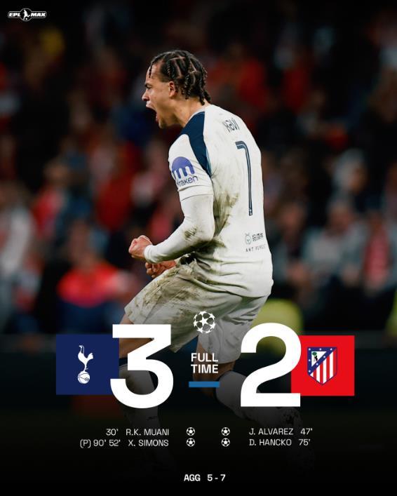 热刺主场3比2击败了马竞，连续25场欧战主场不败，也算是体面离开了欧冠吧。热刺残