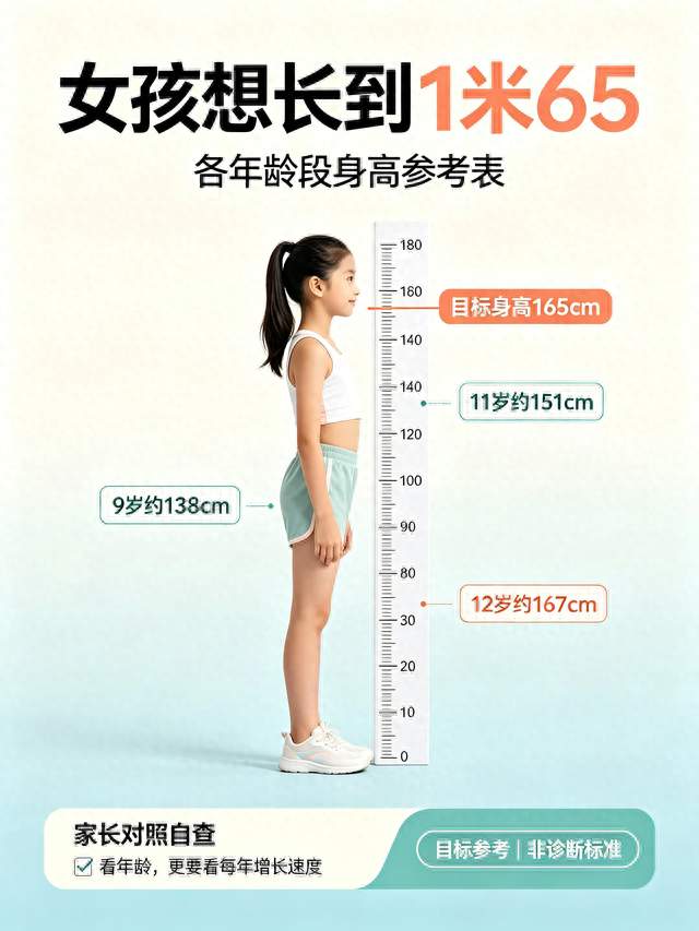 女孩想长到1米65，各年龄段身高参考表，家长对照自查
