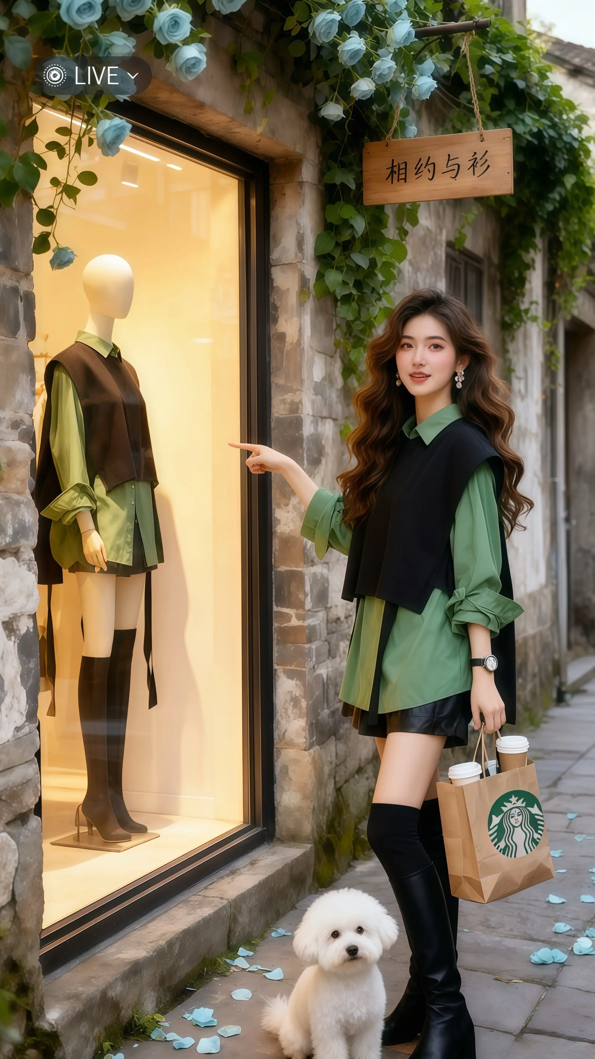 她身着设计感披肩针织与衬衣的叠穿两件套，在复古街道的女装店门前，成为一...