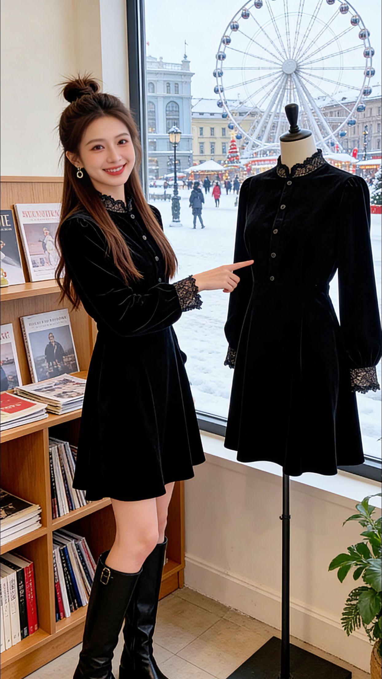 158cm的Danny试穿这件法式黑裙时，立刻被立领蕾丝与收腰A字版型圈粉。丝绒