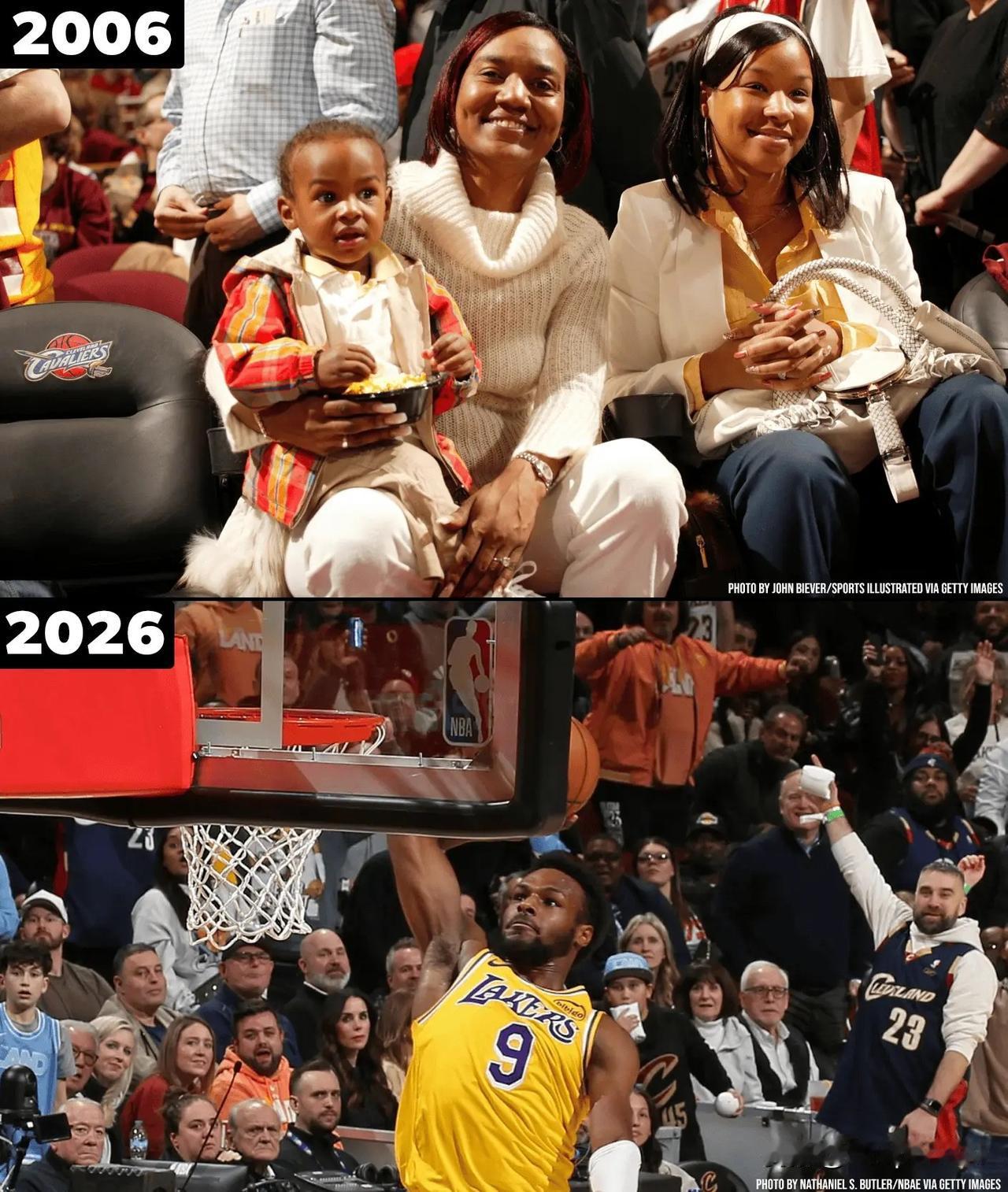 美媒晒出布朗尼2岁观战NBA和21岁登场NBA对比照；

20年前在克利夫兰，詹