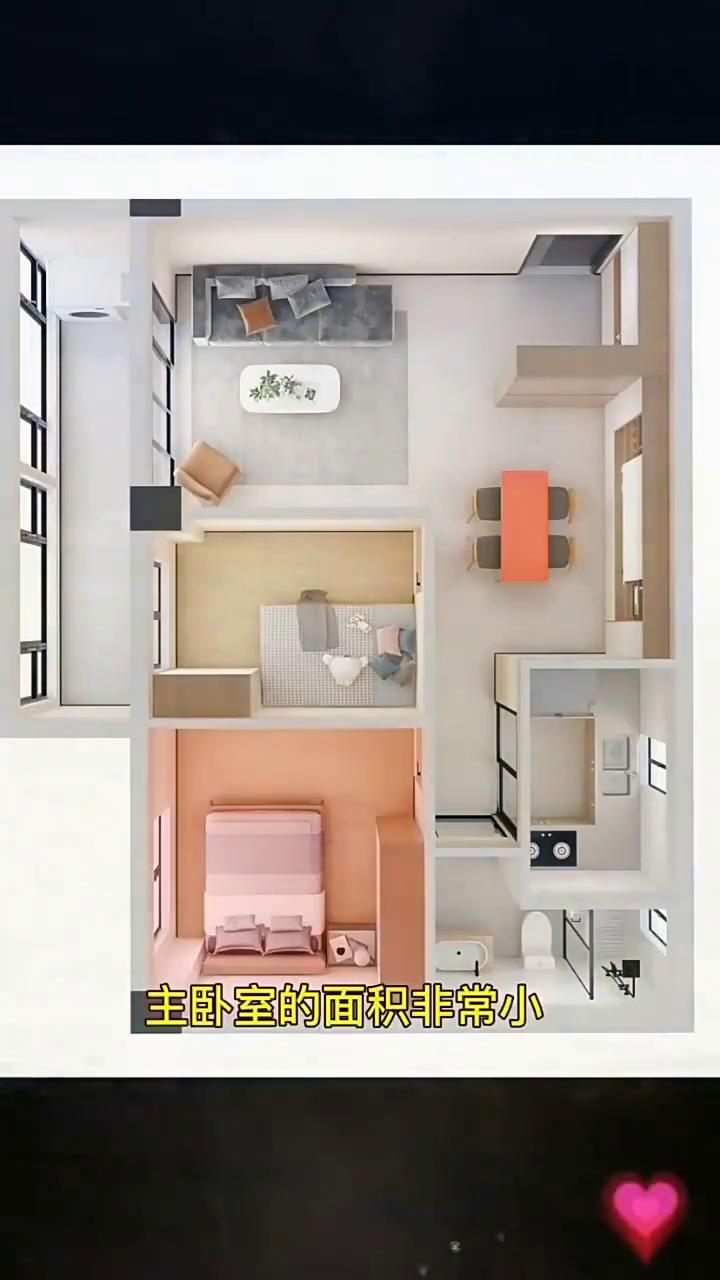 两居室的小户型，套内才不到六十平。原始户型餐厅位置虽然是有一圈环绕动线，但是两边