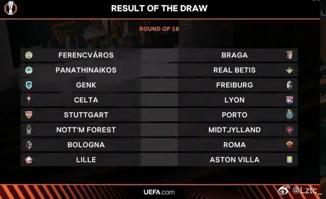 欧联淘汰赛16强对阵欧联杯 弗赖堡vs亨克罗马vs博洛尼亚布拉加vs费伦茨瓦罗斯