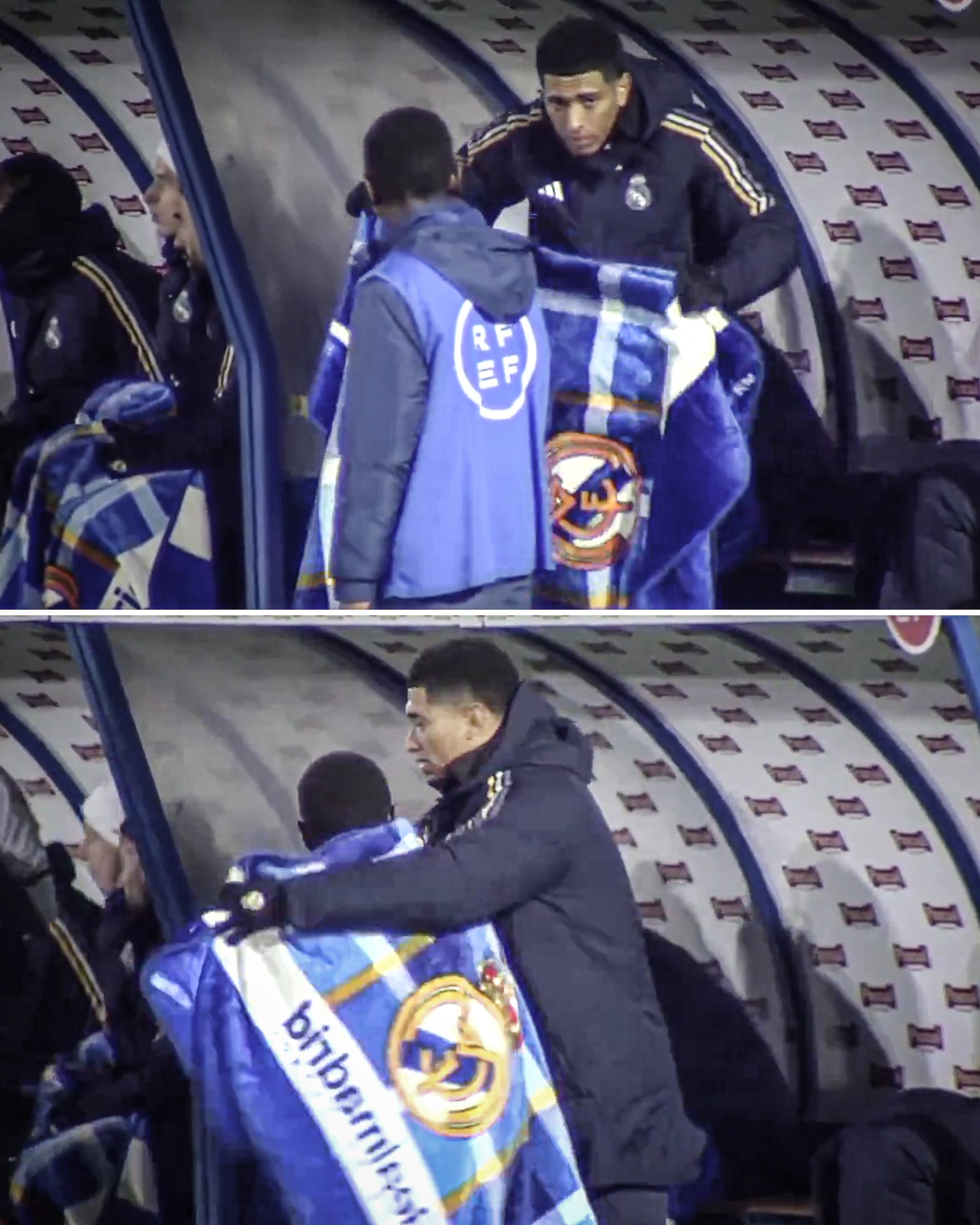 国王杯“枯坐”替补席的贝林厄姆没有闲着，冷得发颤的球童从他那里得到了一条皇马的毯