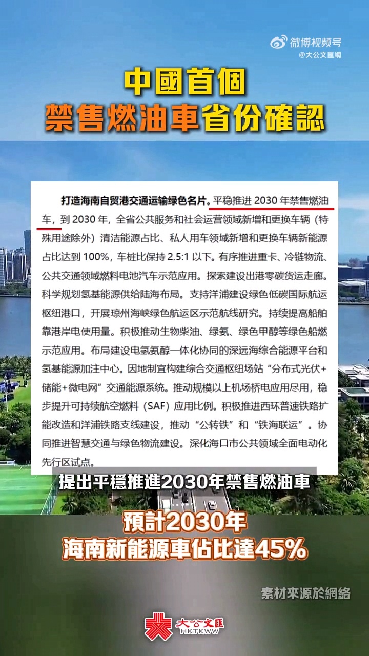 中国首个禁售燃油车省份确认2030年海南省将禁售燃油车