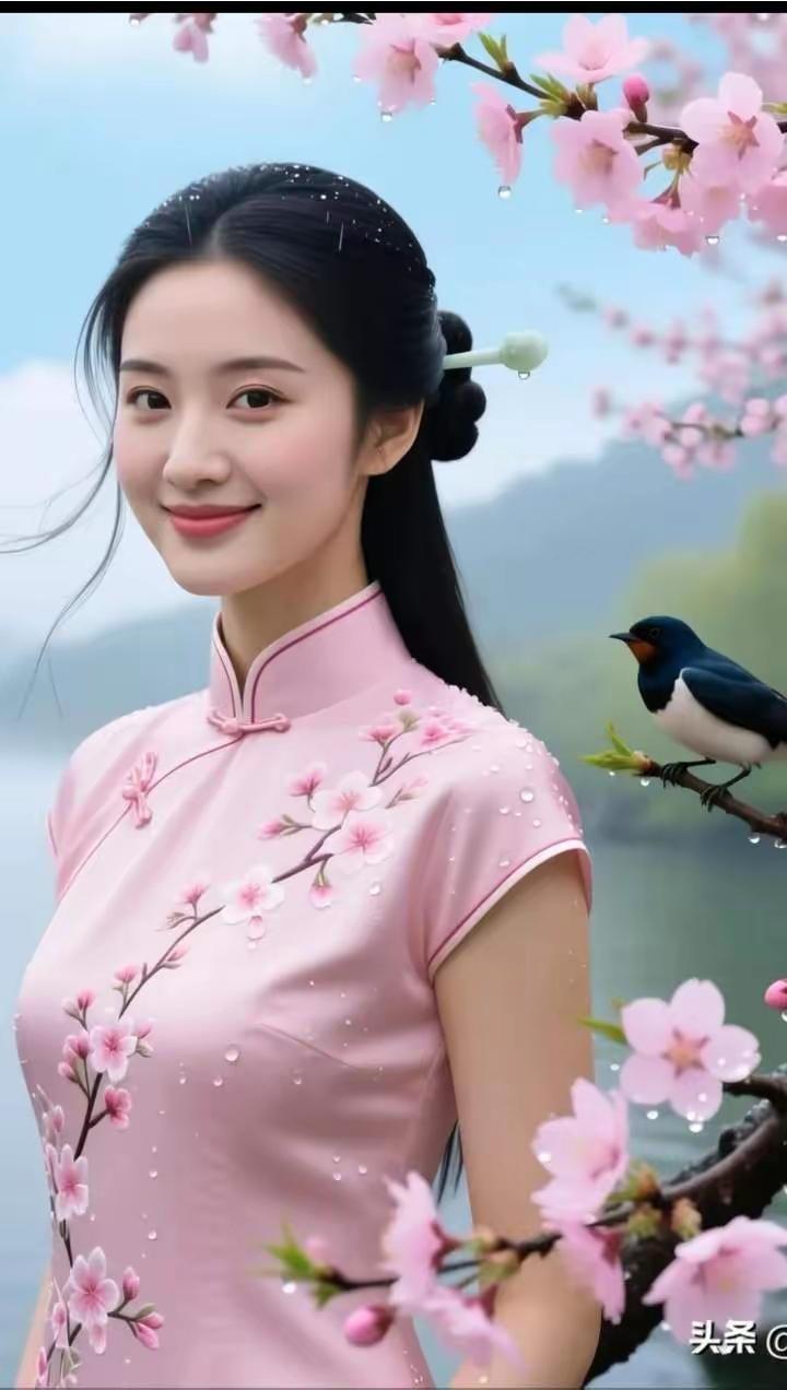 清江引.桃花笑 
枝头艳桃含笑俏，
露坠珠儿耀。
晴霁鹊声喧，
喜信家门到，
佳