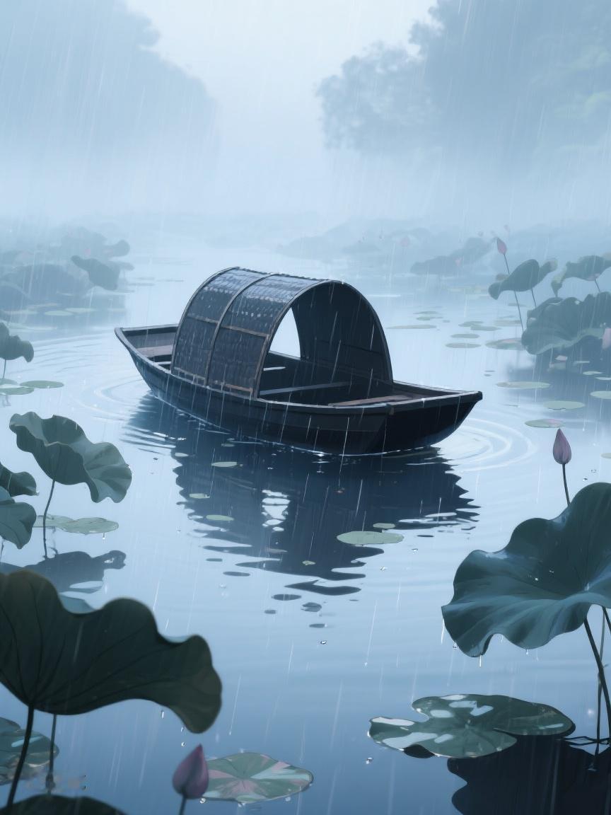 AI妙生图烟雨轻笼的湖，小船静泊，荷叶含露。在这静谧中，似能听见时光流淌的声音?