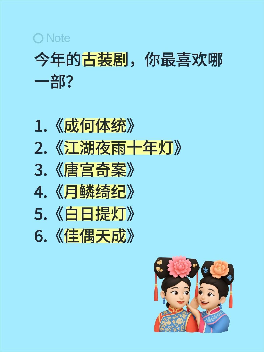 今年的古装剧，你最喜欢哪一部？

1.《成何体统》
2.《江湖夜雨十年灯》
3.