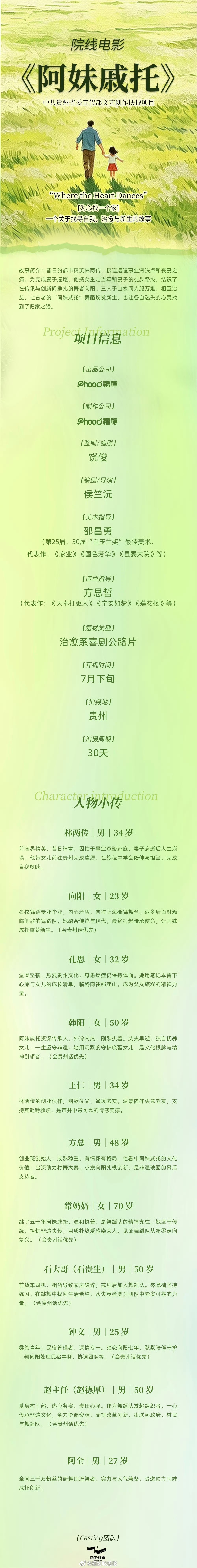 院线电影《阿妹戚托》组讯监制：饶俊编剧：饶俊编剧/导演：侯竺沅美术指导：邵昌勇造