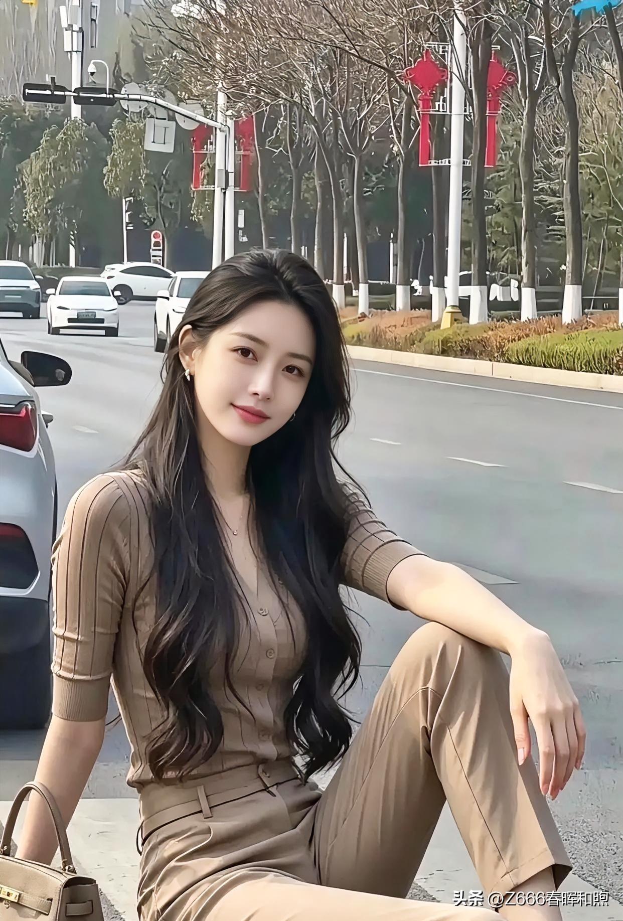 车水马龙的街畔，她似一抹暖棕柔光。长发垂落如墨瀑，浅笑盈盈，与都市烟火相融，优雅