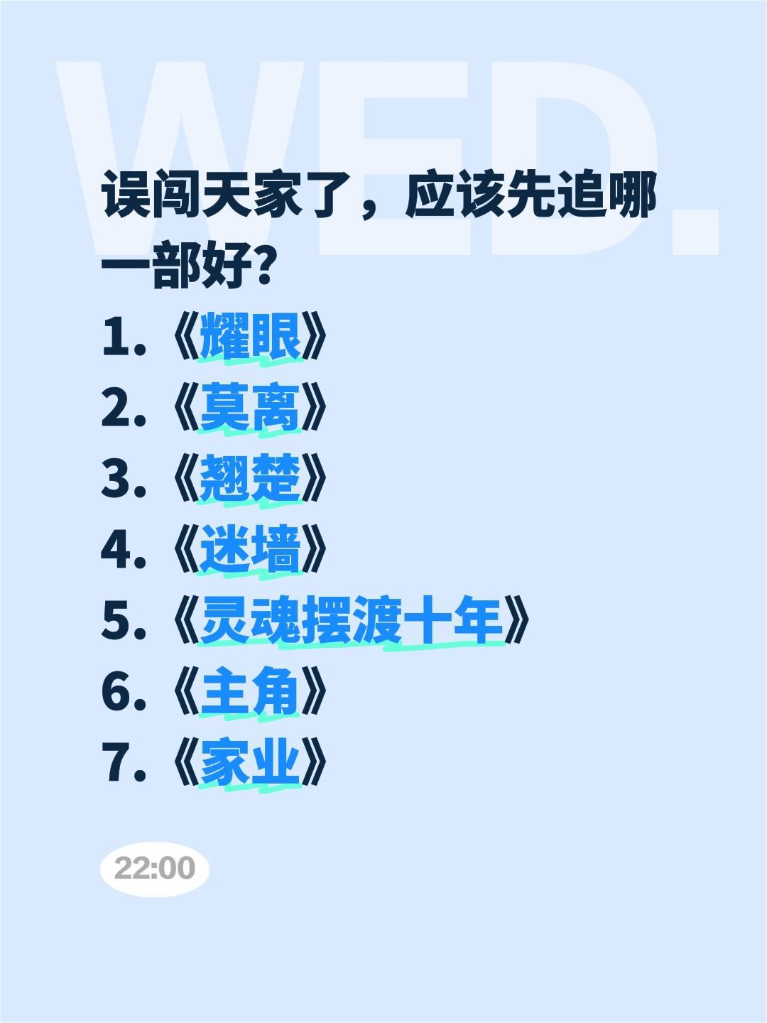 误闯天家了，应该先追哪一部好？
1.《耀眼》
2.《莫离》
3.《翘楚》
4.《