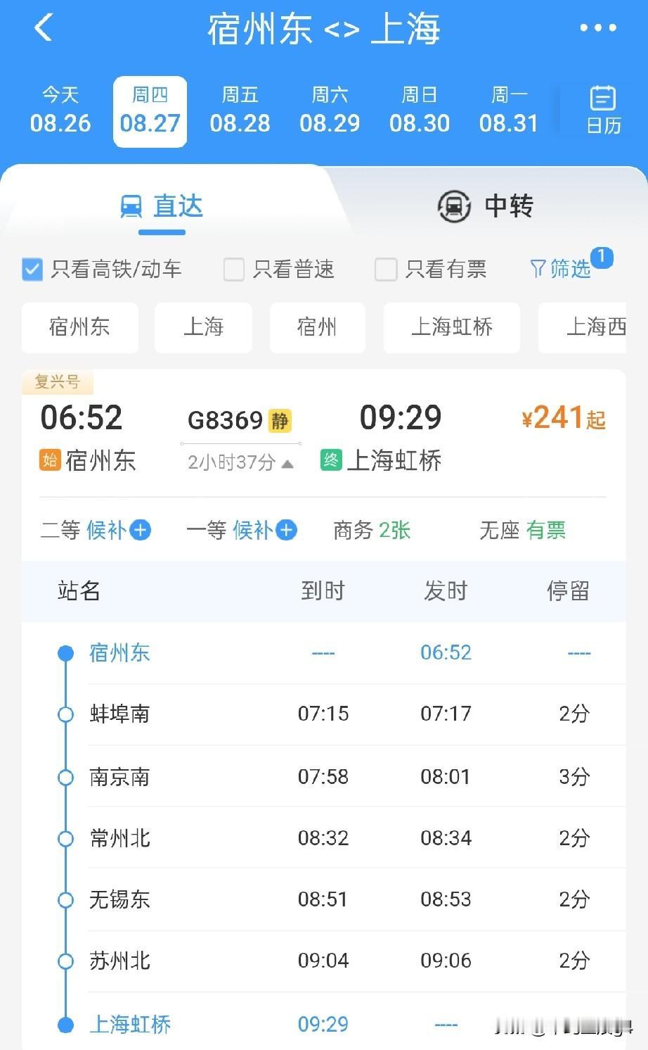 宿州东站有一趟始发列车，开往上海方向，年底还有淮宿蚌高铁宿州西站开往上海的高铁列