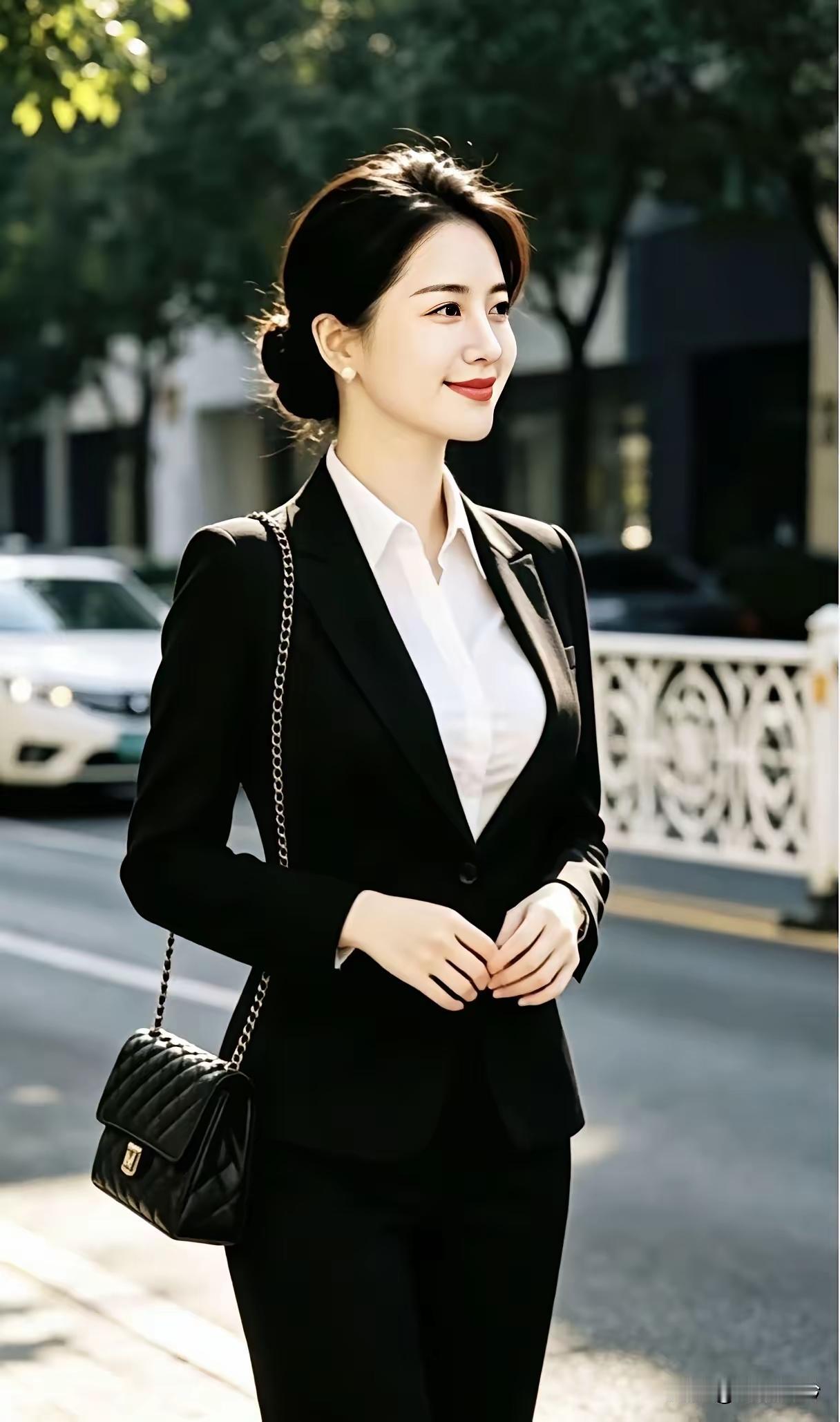 一个穿正装的女士在街上走。
