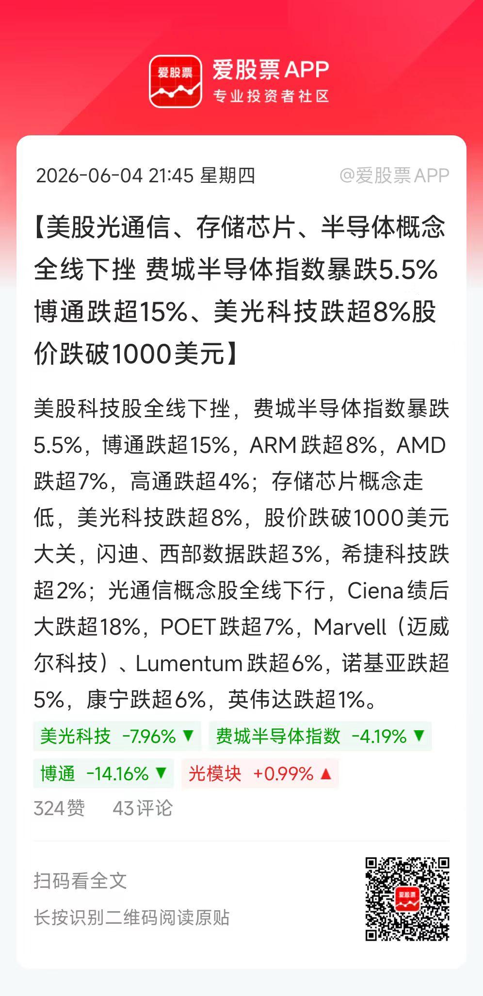 今晚美股半导体科技大跌，博通暴跌15%，美光科技跌超7%，AMD大跌近6%，英特