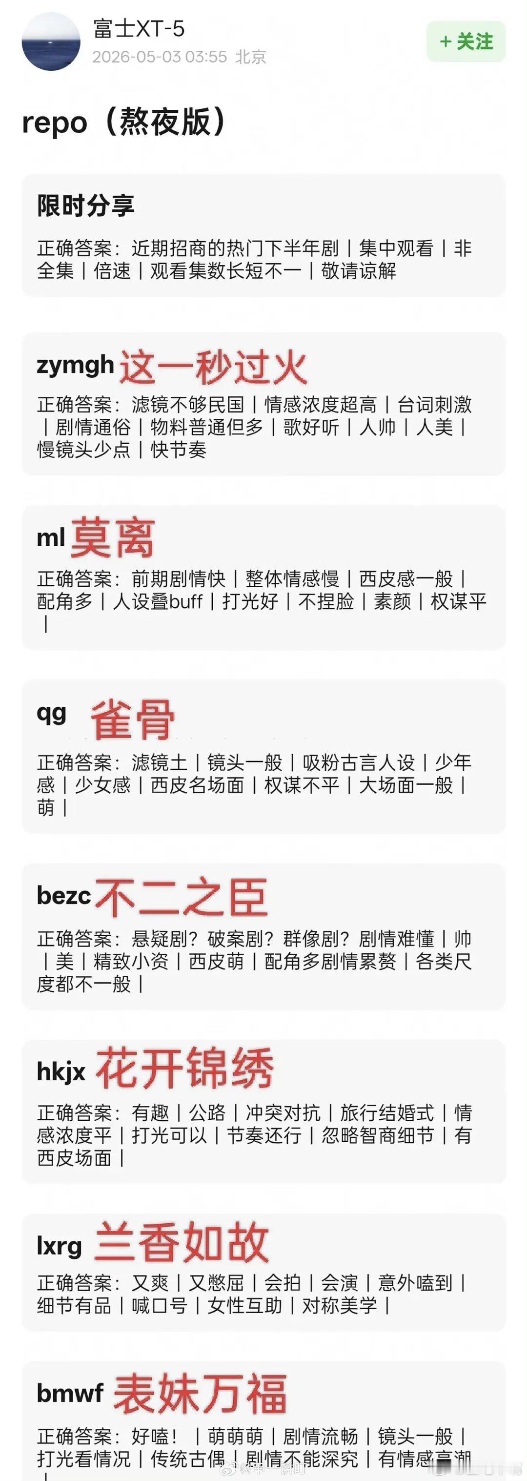 搬运🍉 多部剧集播前repo：《这一秒过火》《雀骨》《莫离》《不二之臣》《花开