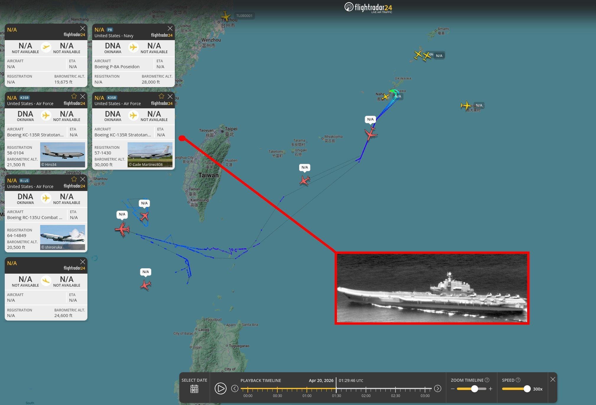 “辽宁号”穿越台湾海峡期间，美国空军RC-135U、美国海军P-8A正在进行跟踪