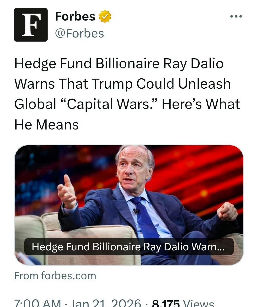 达里奥在达沃斯论坛上警告，由于贸易紧张局势加剧、赤字扩大和政策不确定性可能侵蚀投