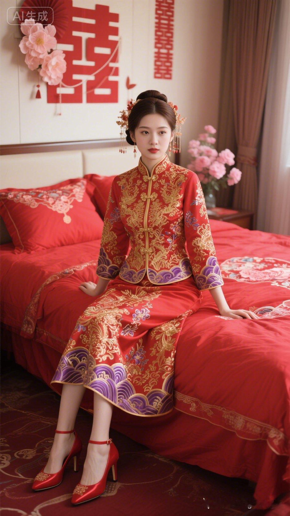 💍✨ 红衣新娘坐床边，喜气洋洋迎新婚！🌸💕