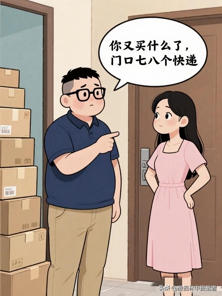 幽默漫画图：老公：你又买什么了，门口七八个快递。老婆：就一些生活必需品。老公拆开