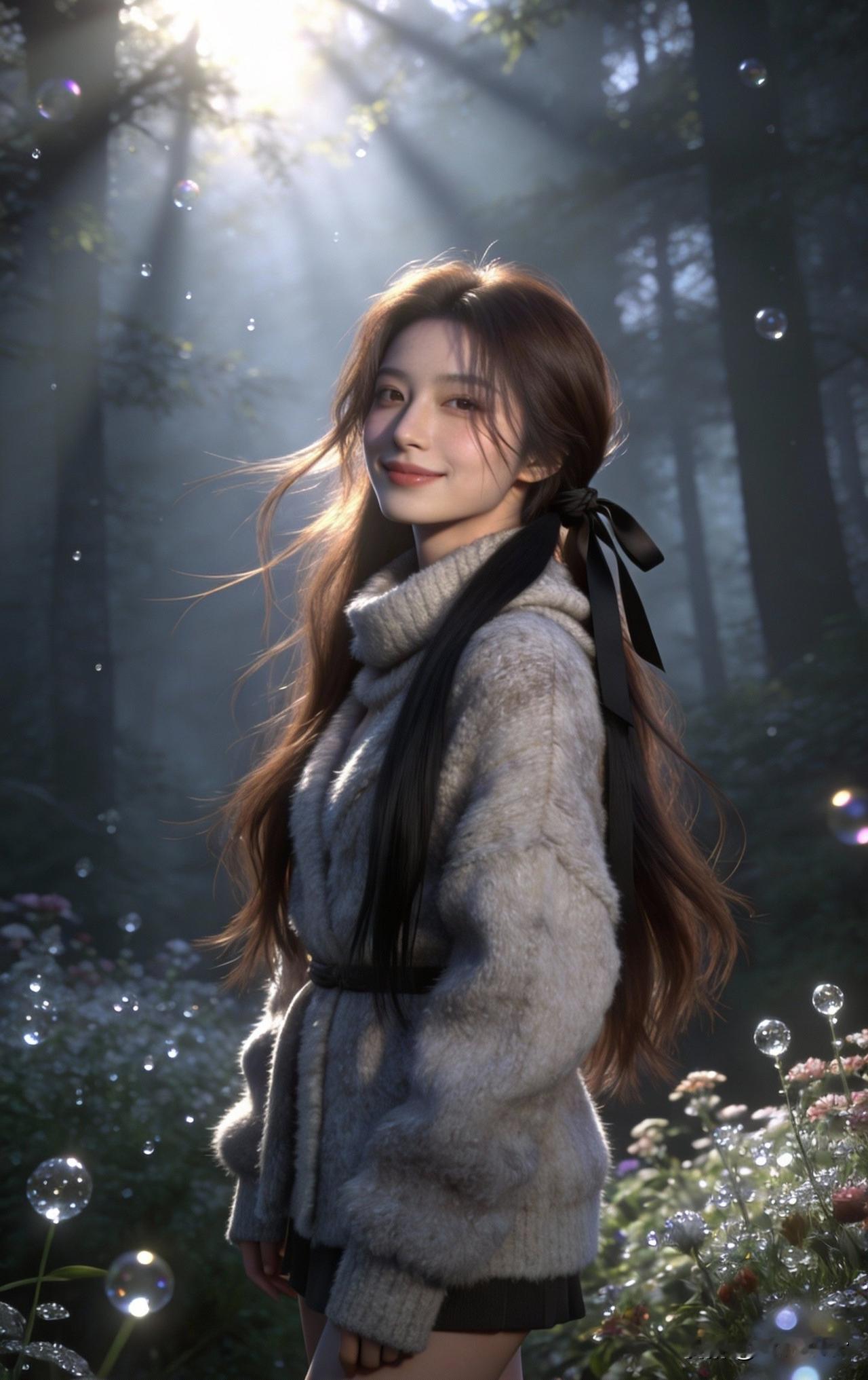 梦幻森林中的少女，阳光洒落，泡泡飘舞，宛如童话世界。
