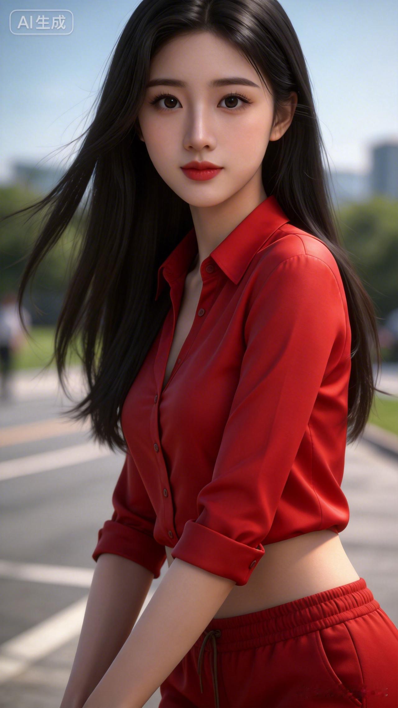 红衣美人倚，风姿似画里。