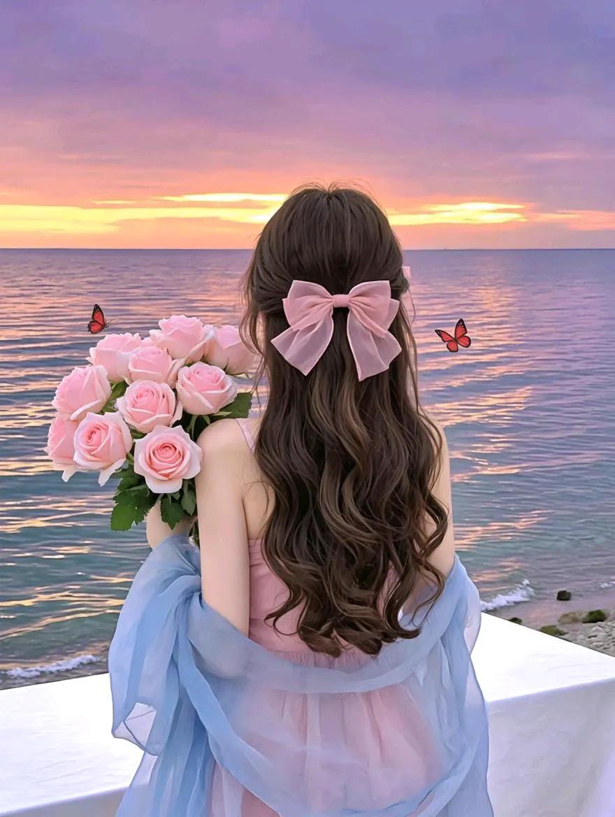 落日余晖映海面少女手捧玫瑰归粉色浪漫沙滩日落夕阳 公主裙浪漫穿搭