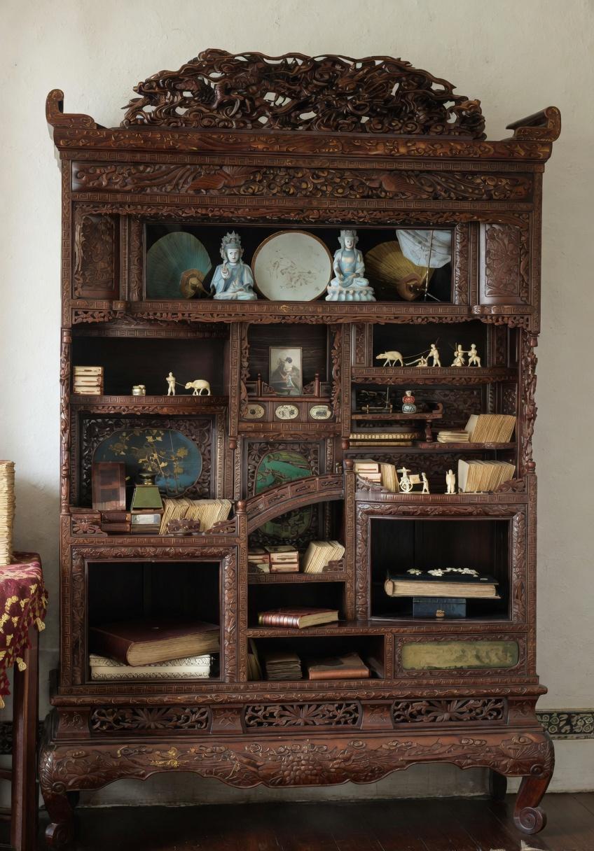 这是清代宫廷专属满工雕龙博古多宝阁，是昔日紫禁城帝后殿内的文房珍宝。
整器通体名