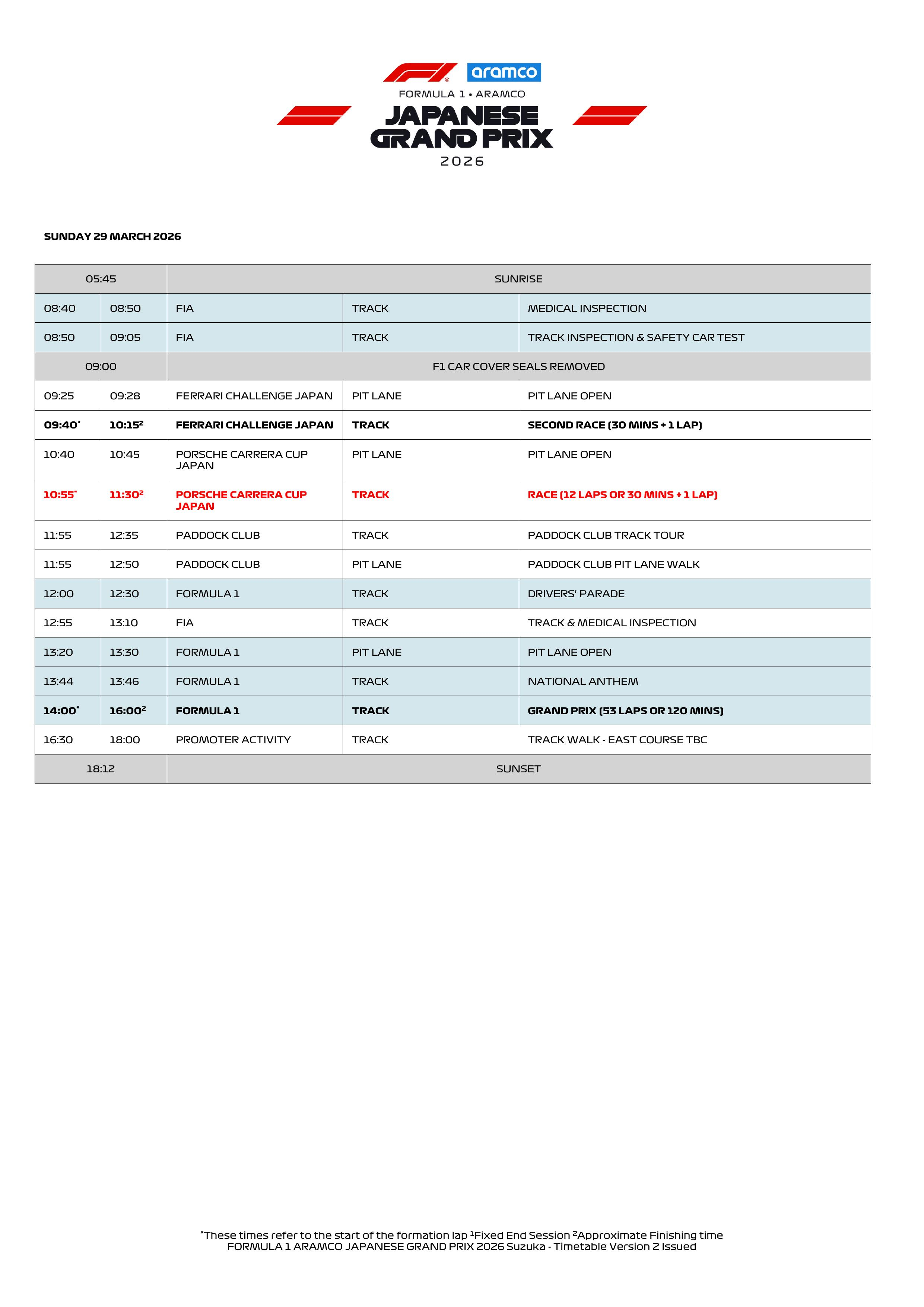 2026 F1日本大奖赛详细时间表（转化为北京时间需-1小时）F12026F1日