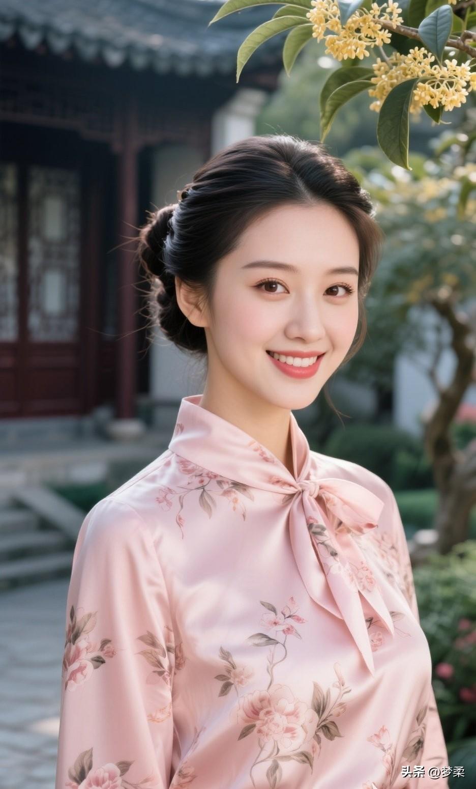 温柔古典的少女，粉色的旗袍，笑靥如花江南美女旗袍 江南风旗袍照 江南旗袍美女