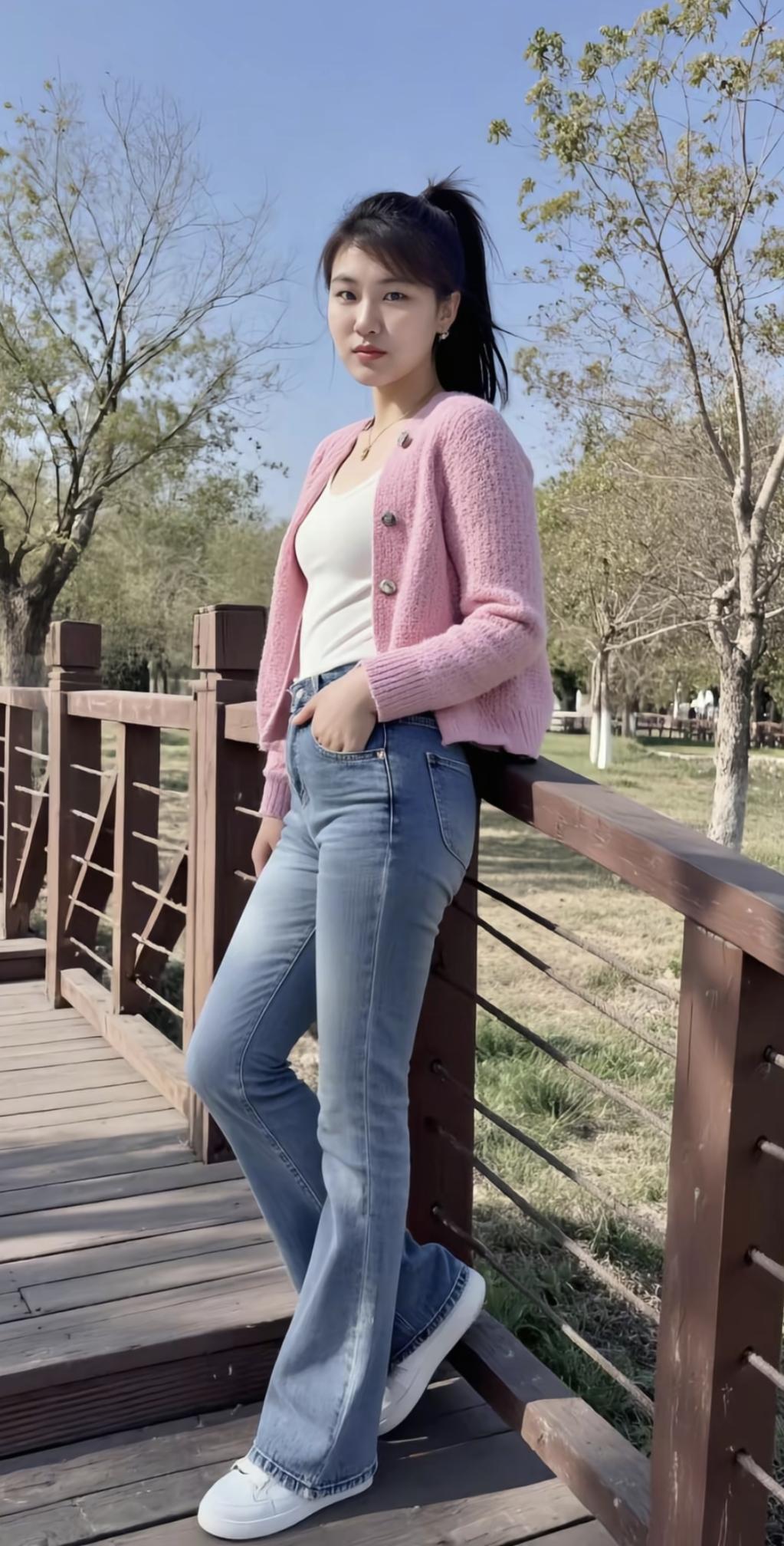 阳光下的少女，粉色毛衣与牛仔裤的完美搭配，尽显青春活力！