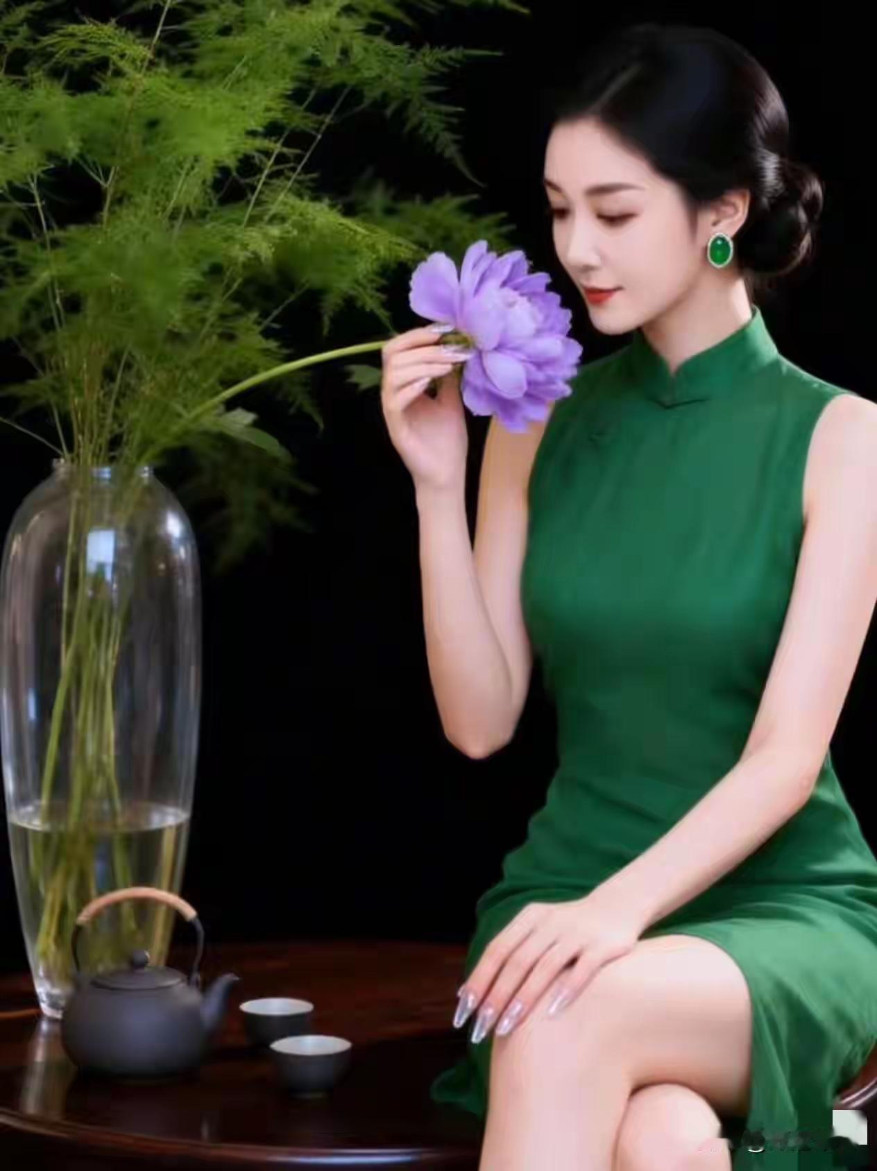 优雅绿衣女子，轻嗅紫花，静享茶香时光。